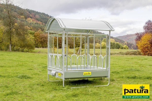 Profi-Viereckraufe mit Universalfressgitter und Dach 2,00 x 2,05 m
