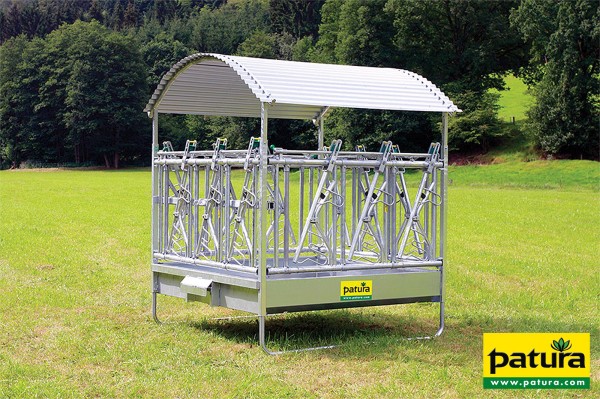 Profi-Viereckraufe mit Sicherheits- Fangfressgitter und Dach 2,00 x 2,05 m