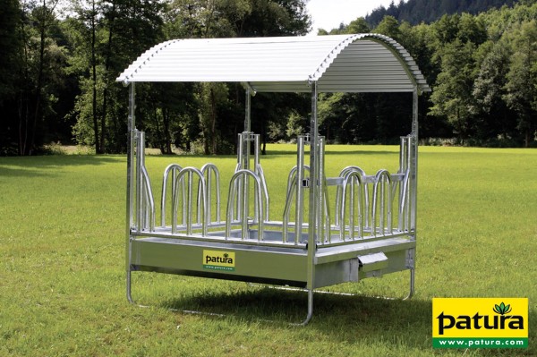 Profi-Viereckraufe mit Palisadenfressgitter und Dach 2,00 x 2,05 m