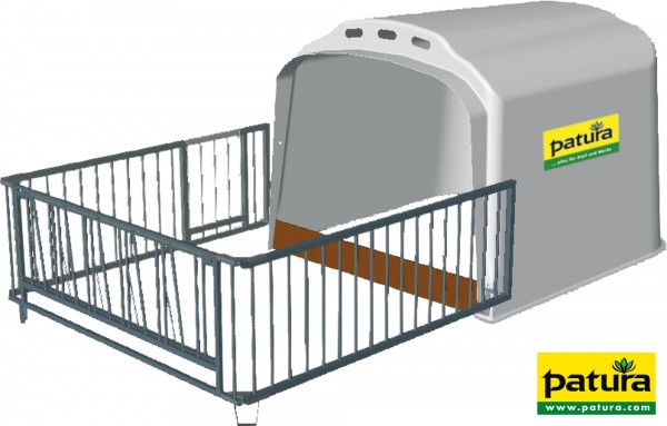 Kälberhütte XL mit Umzäunung, Metallschwelle, 5 Eimerringe, Transportösen