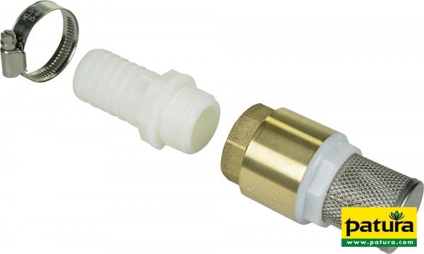 Saugkorb mit Rückschlagventil inkl. Schlauchanschluß-Stutzen 1" und Edelstahl-Schlauchelle 25 - 40 m