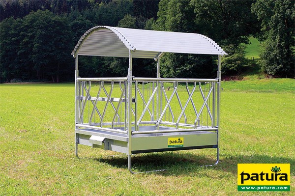 Profi-Viereckraufe mit Schrägfressgittern und Dach 2,00 x 2,05 m